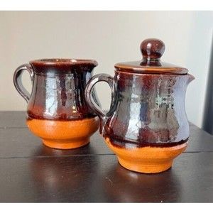 Set of vintage cream and sugar pottery with lid